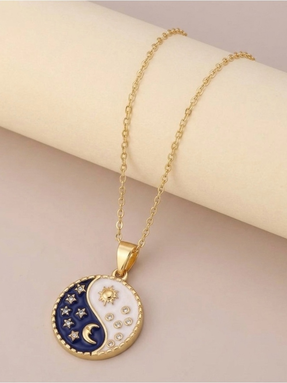 “Night vs Day” Yin Yang Sun Moon Blue White Star Crystal Gold Medallion Necklace - Picture 5 of 8